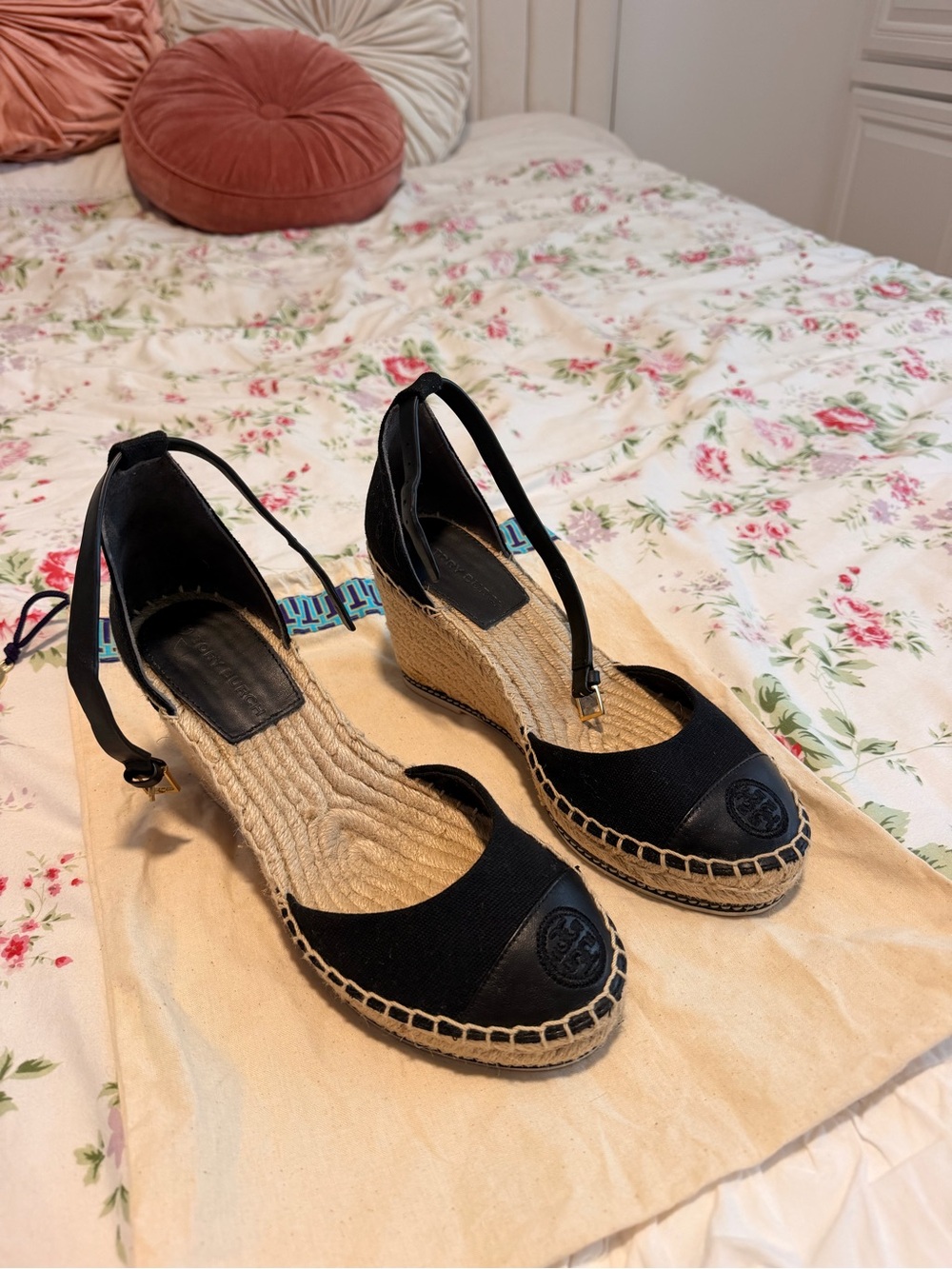 Tory Burch Black Canvas Espadrille Wedge Sandals with Ankle Tie